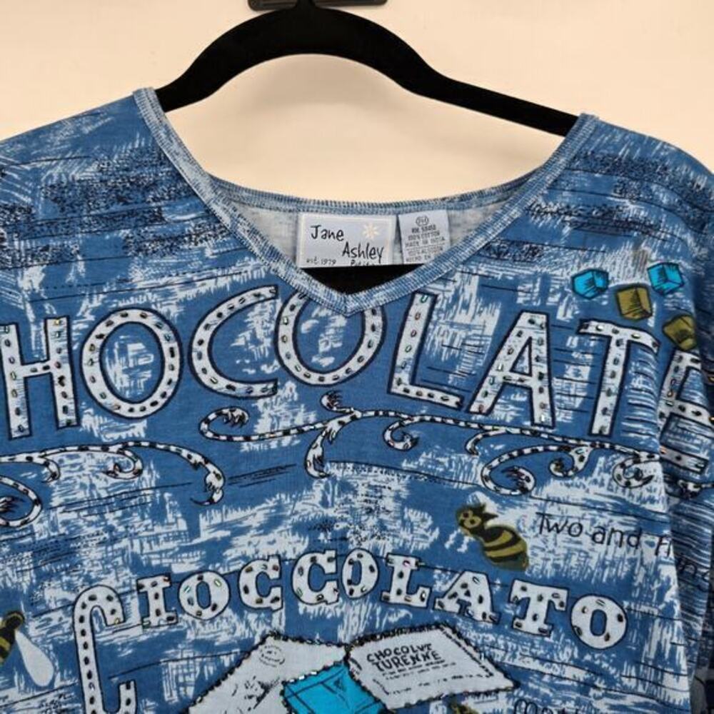 Jane Ashley Petite Vintage Women's Bling Chocolate Bee V Neck Shirt Blue Size PM - Picture 3 of 8
